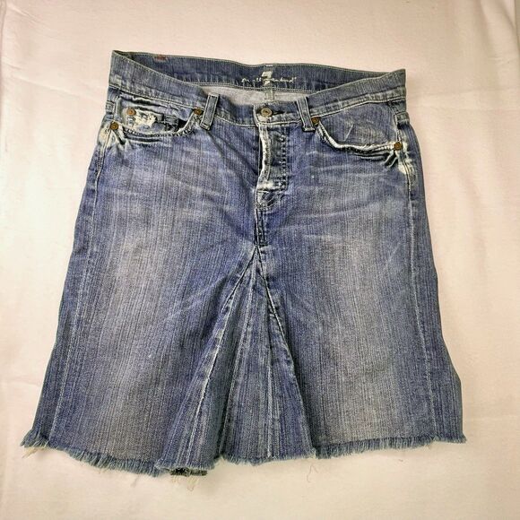 Y2K 7 for All Mankind Womens Jean Skirt Size 29 Button Fly Denim Pleated Raw Hem - Picture 1 of 16